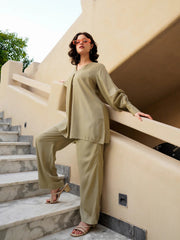 Beige Viscose Rayon Solid V-Neck Co-ords Set for Women - SanskrutiHomes 