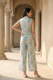 Green Color Floral Print V-Neck Printed Co-Ords Set For Women