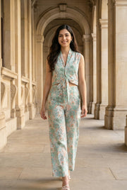 Green Color Floral Print V-Neck Printed Co-Ords Set For Women