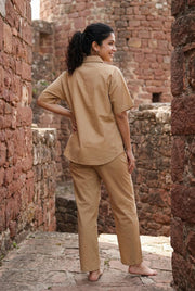 Beige Shirt Collar Printed Pure Cotton Co-Ords Set For Women