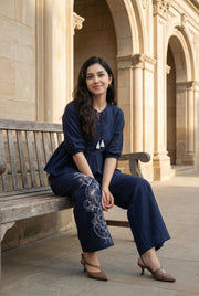 Blue Round Neck Solid Print Pure Cotton Co-Ords Set For Women