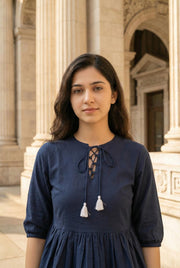Blue Round Neck Solid Print Pure Cotton Co-Ords Set For Women