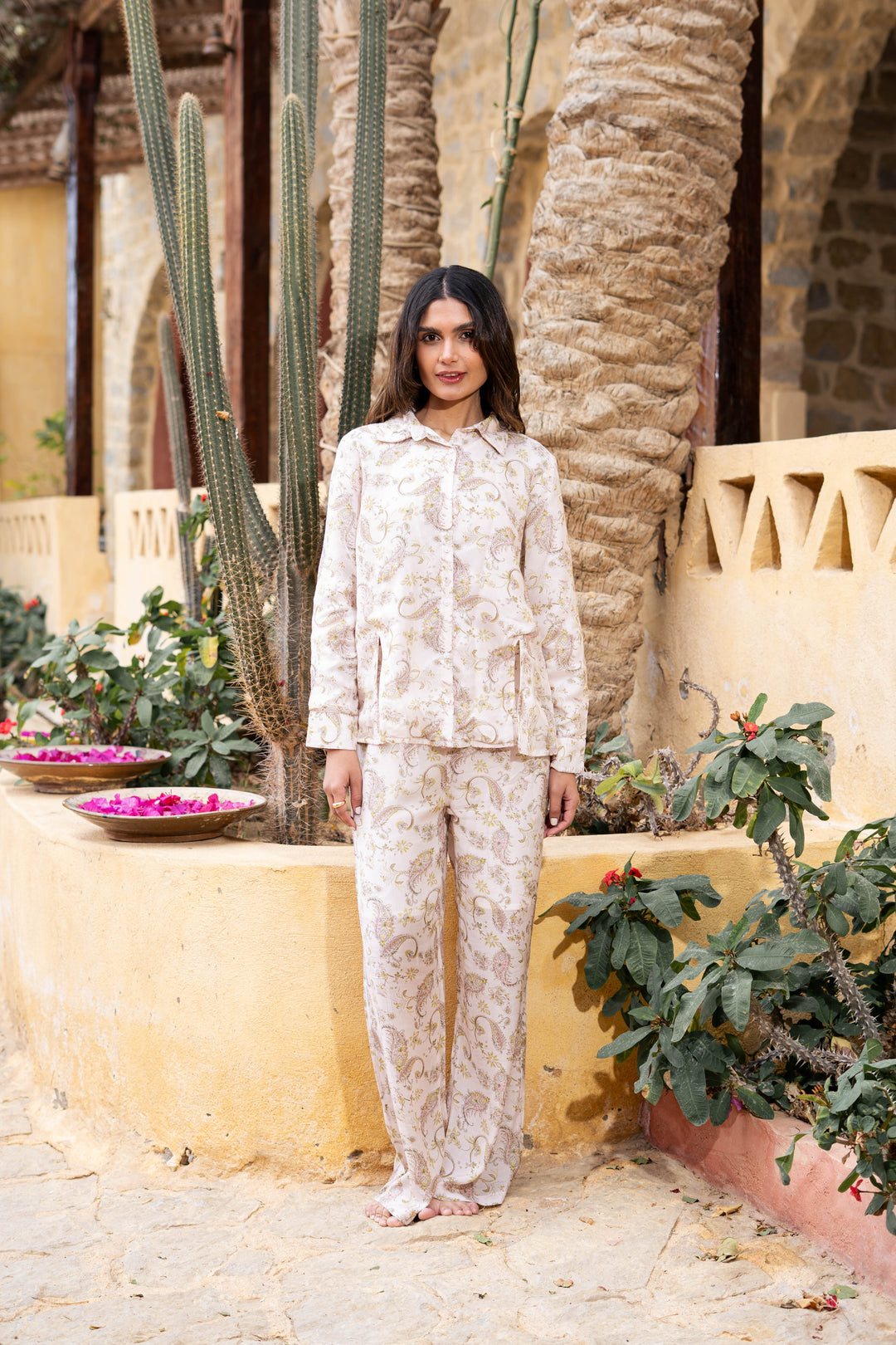 Beige Motif Print Shirt Collar Pure Cotton Co-Ord Set For Women
