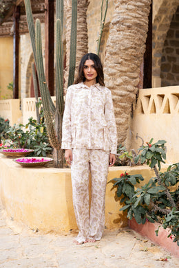 Beige Motif Print Shirt Collar Pure Cotton Co-Ord Set For Women