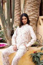 Beige Motif Print Shirt Collar Pure Cotton Co-Ord Set For Women