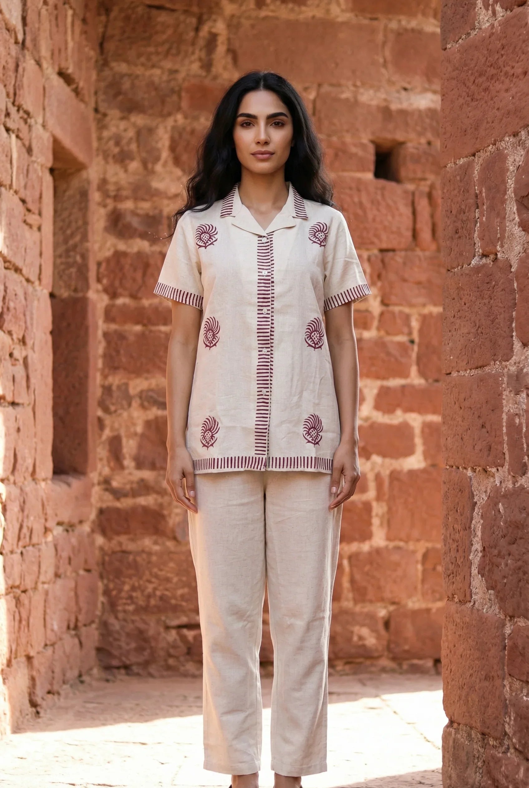 Beige Hand Block Printed Shirt Collar Pure Cotton Co-Ord Set for Women - SanskrutiHomes 