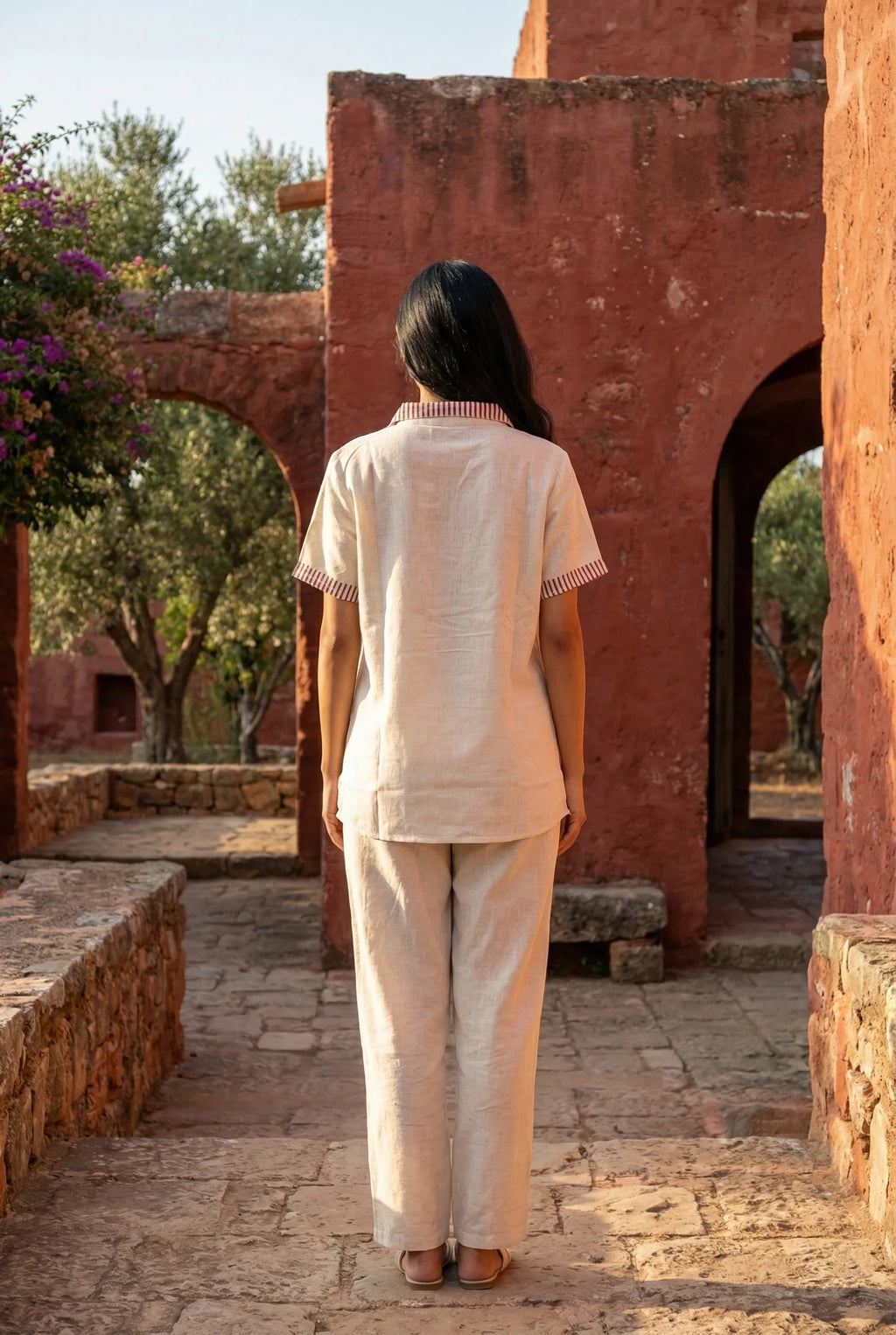 Beige Hand Block Printed Shirt Collar Pure Cotton Co-Ord Set for Women - SanskrutiHomes 