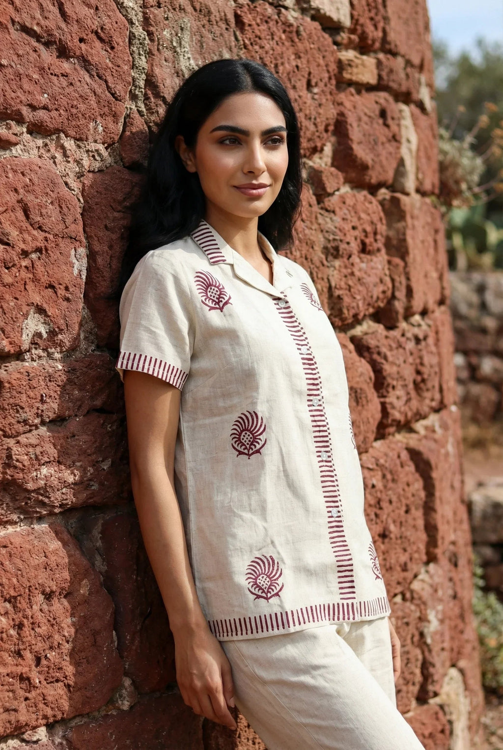 Beige Hand Block Printed Shirt Collar Pure Cotton Co-Ord Set for Women - SanskrutiHomes 