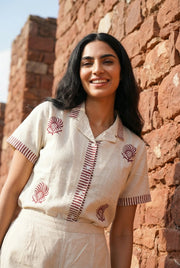 Beige Hand Block Printed Shirt Collar Pure Cotton Co-Ord Set for Women - SanskrutiHomes 