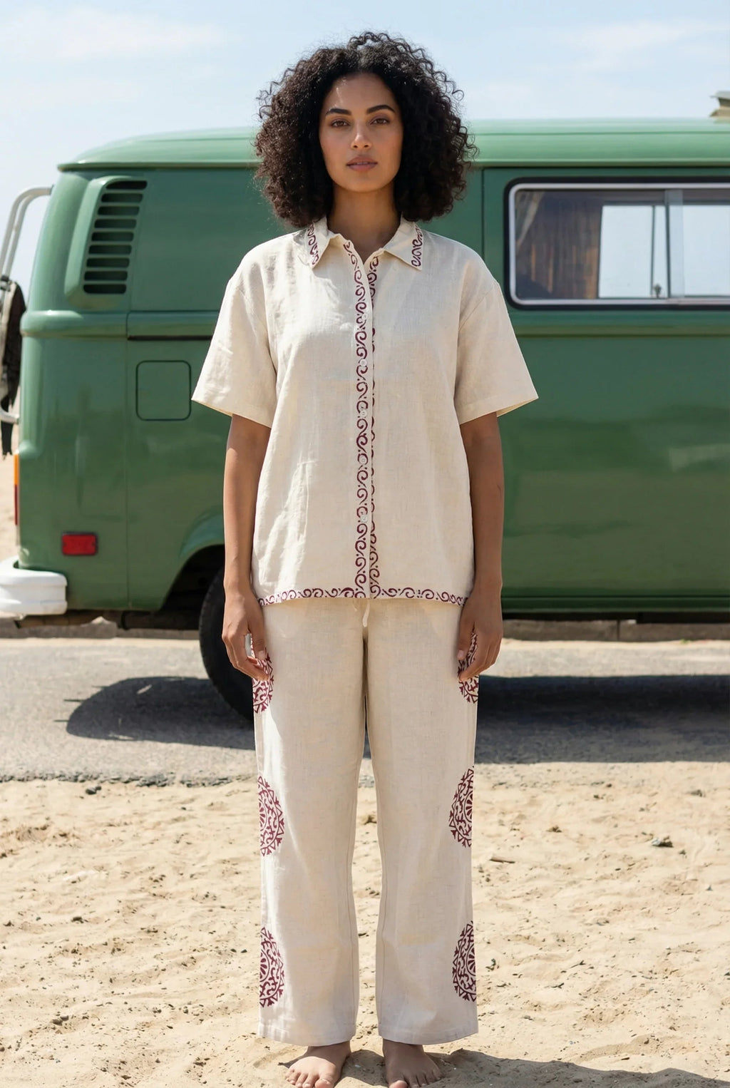 Beige Color Hand block Print Shirt Collar Pure Cotton Co-ord Set for Women - SanskrutiHomes 