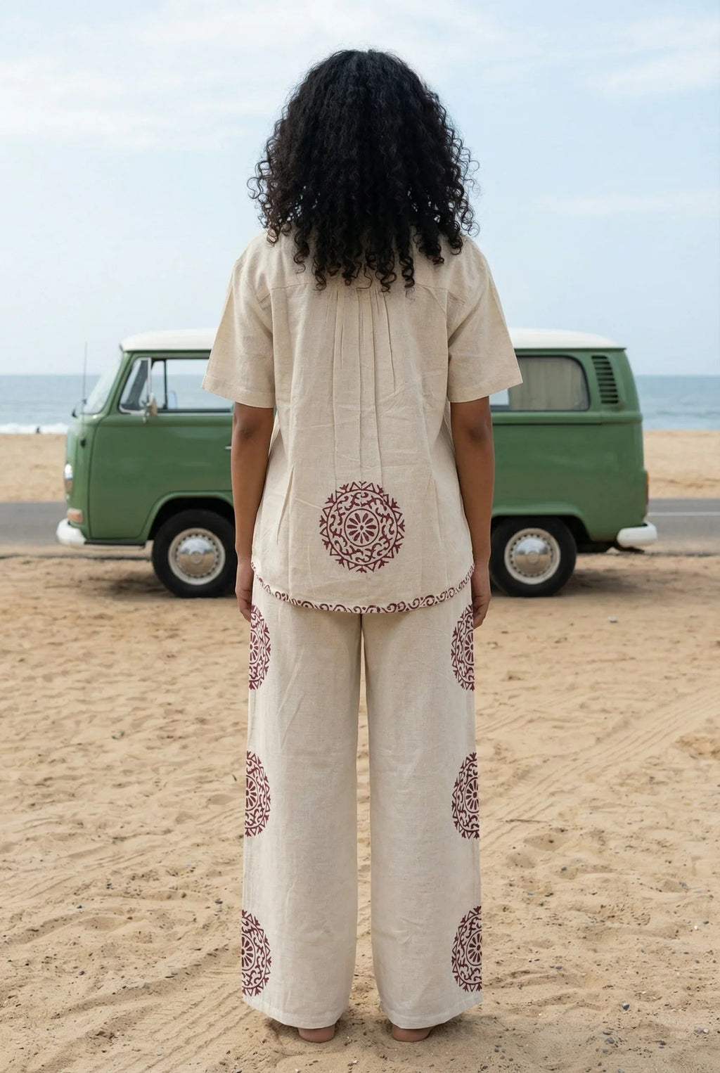 Beige Color Hand block Print Shirt Collar Pure Cotton Co-ord Set for Women - SanskrutiHomes 