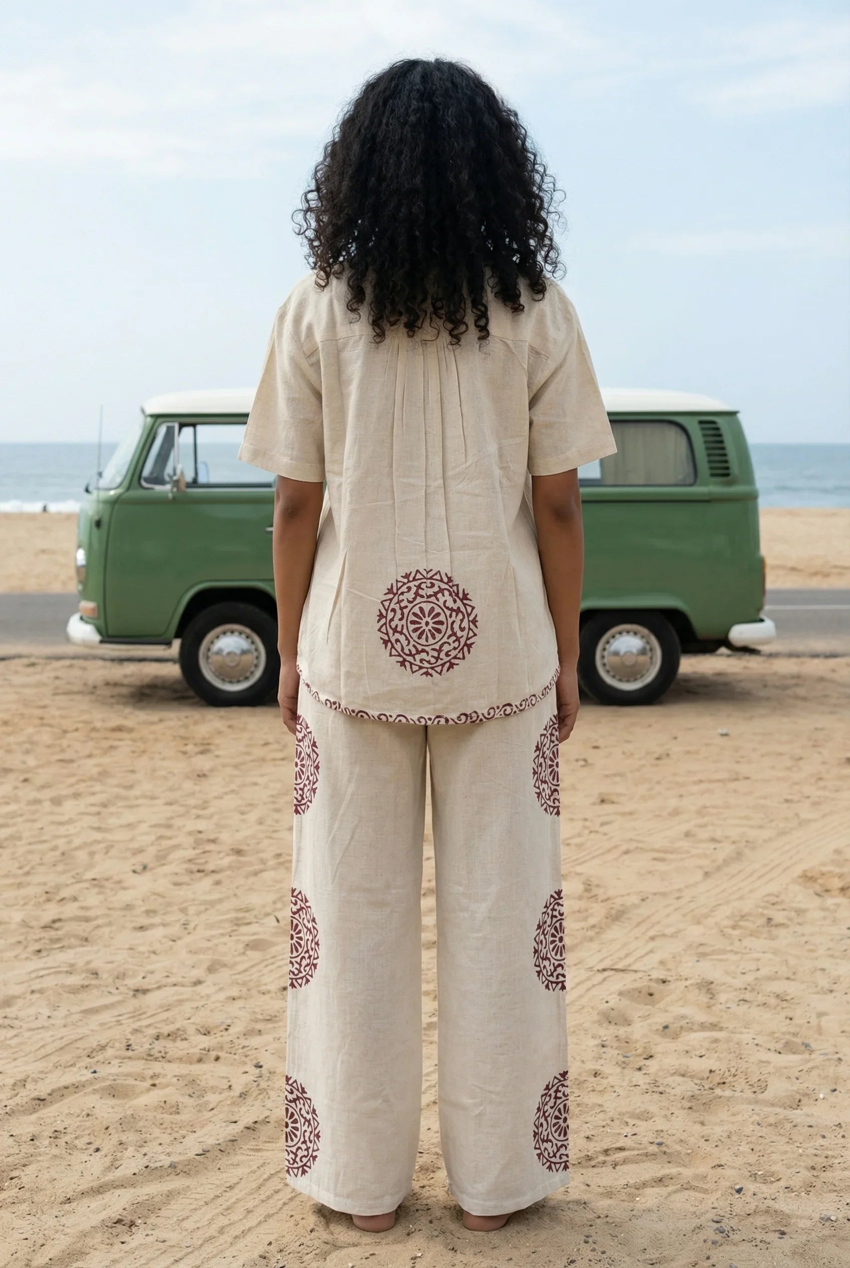 Beige Color Hand block Print Shirt Collar Pure Cotton Co-ord Set for Women - SanskrutiHomes 