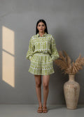 Green Abstract Print Shirt Collar Co-Ord Set for Women - SanskrutiHomes 