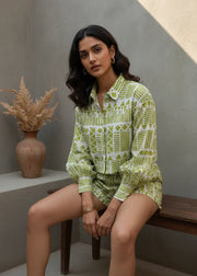 Green Abstract Print Shirt Collar Co-Ord Set for Women - SanskrutiHomes 