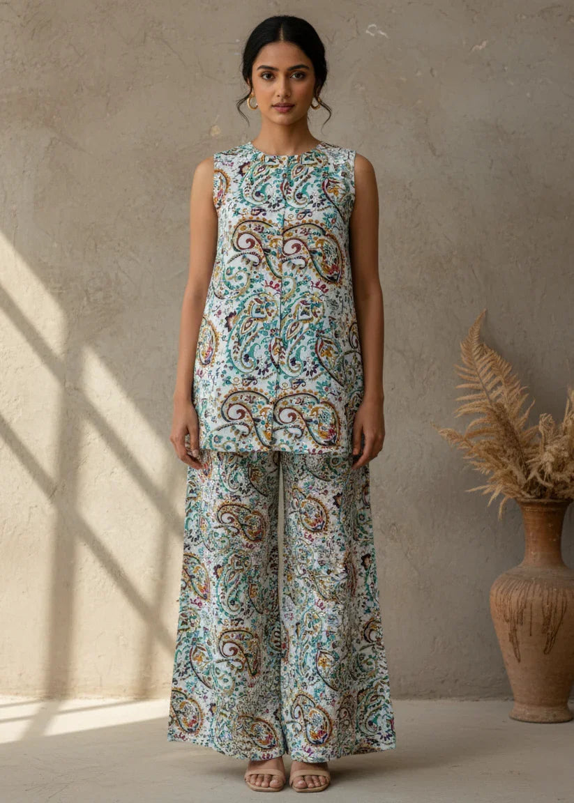 White Round Neck Sleeveless Printed Co-Ord Set For Women - SanskrutiHomes 