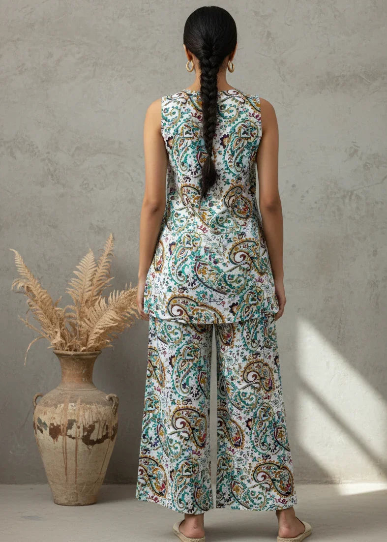 White Round Neck Sleeveless Printed Co-Ord Set For Women - SanskrutiHomes 