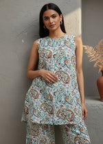 White Round Neck Sleeveless Printed Co-Ord Set For Women - SanskrutiHomes 