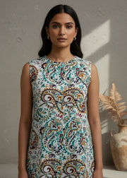 White Round Neck Sleeveless Printed Co-Ord Set For Women - SanskrutiHomes 