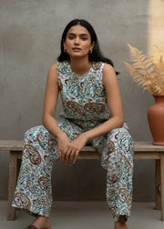 White Round Neck Sleeveless Printed Co-Ord Set For Women - SanskrutiHomes 