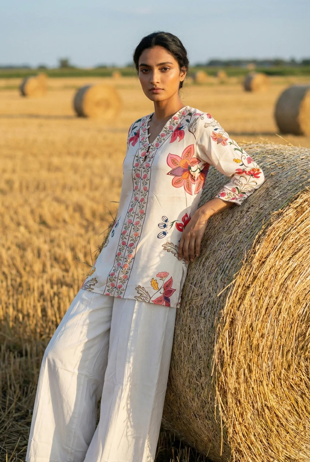 Cream Floral Print V-Neck Co-ord Set for Women - SanskrutiHomes 