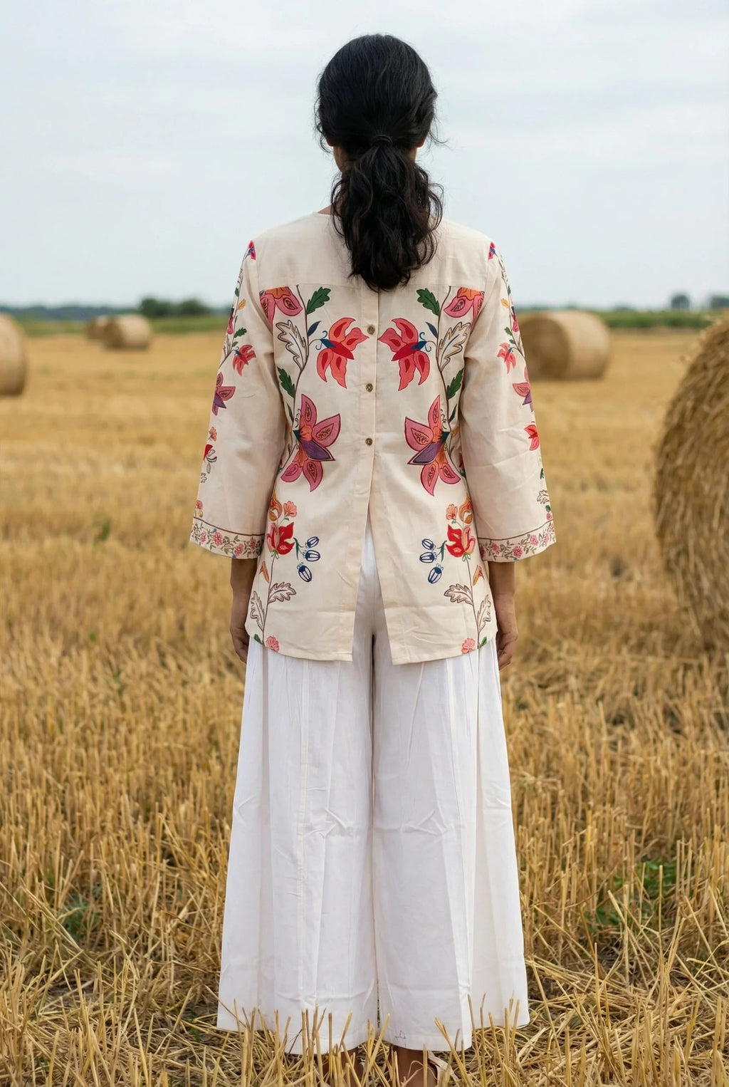 Cream Floral Print V-Neck Co-ord Set for Women - SanskrutiHomes 