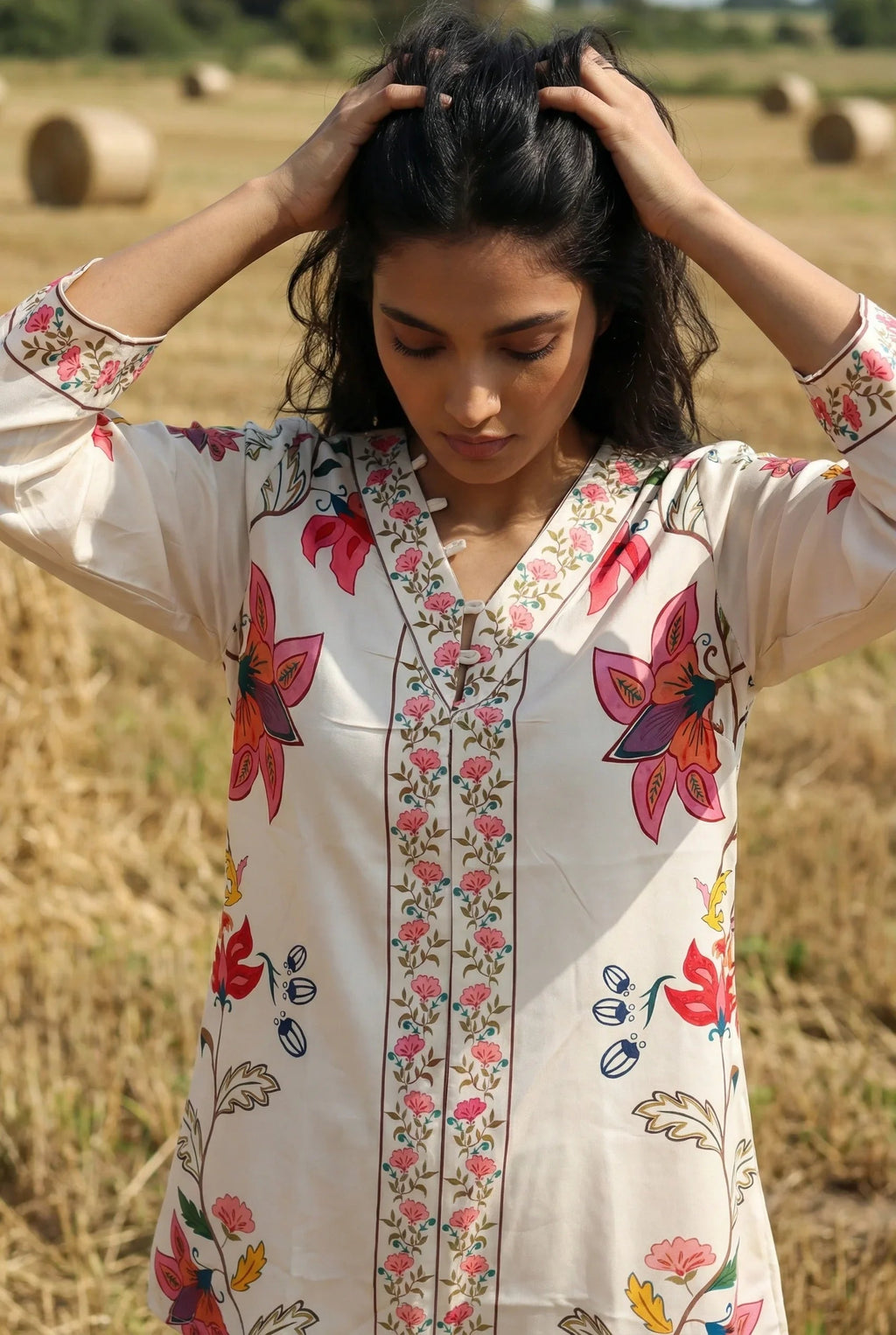 Cream Floral Print V-Neck Co-ord Set for Women - SanskrutiHomes 