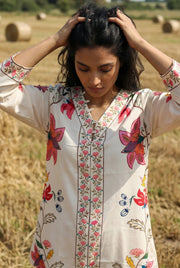 Cream Floral Print V-Neck Co-ord Set for Women - SanskrutiHomes 