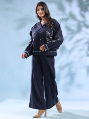 Navy Blue Dyed Shirt Collar Pure Cotton Co-Ord Set For Women