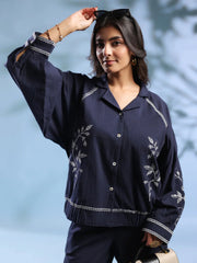 Navy Blue Dyed Shirt Collar Pure Cotton Co-Ord Set For Women
