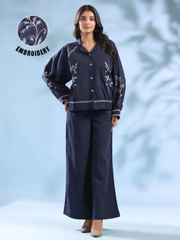 Navy Blue Dyed Shirt Collar Pure Cotton Co-Ord Set For Women