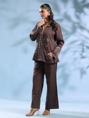 Coffee Brown Dyed Shirt Collar Pure Cotton Co-Ord Set For Women