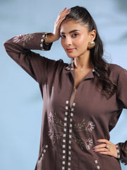 Coffee Brown Dyed Shirt Collar Pure Cotton Co-Ord Set For Women