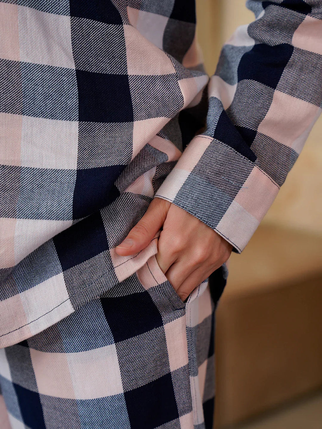 Pink Cotton Blend Checked Shirt Collar Winter Co-ords Set for Women - SanskrutiHomes 