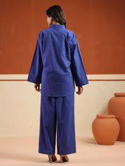Blue Solid Pure Cotton Shirt Collar Co-Ord Set For Women