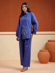 Blue Solid Pure Cotton Shirt Collar Co-Ord Set For Women