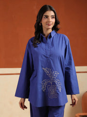 Blue Solid Pure Cotton Shirt Collar Co-Ord Set For Women