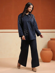 Navy Blue Solid Cotton Blend Shirt Collar Co-ord Set for Women - SanskrutiHomes 