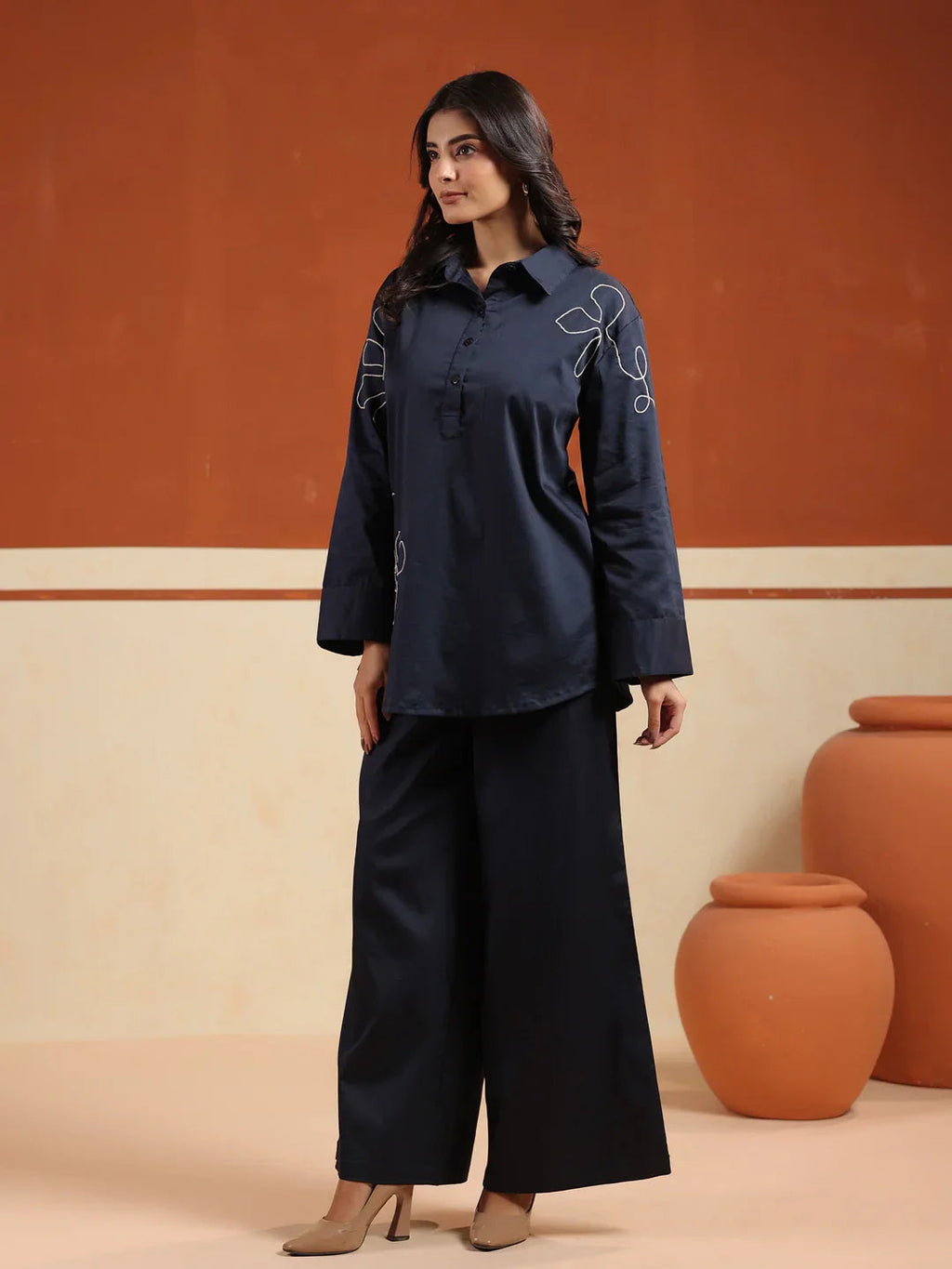 Navy Blue Solid Cotton Blend Shirt Collar Co-ord Set for Women - SanskrutiHomes 