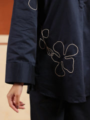 Navy Blue Solid Cotton Blend Shirt Collar Co-ord Set for Women - SanskrutiHomes 