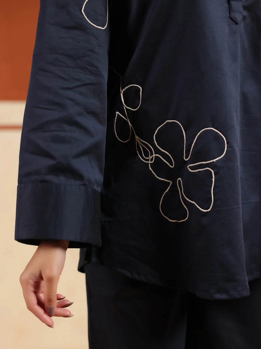 Navy Blue Solid Cotton Blend Shirt Collar Co-ord Set for Women - SanskrutiHomes 