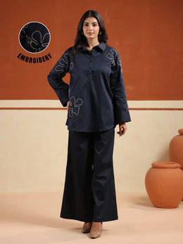 Navy Blue Solid Cotton Blend Shirt Collar Co-Ord Set For Women