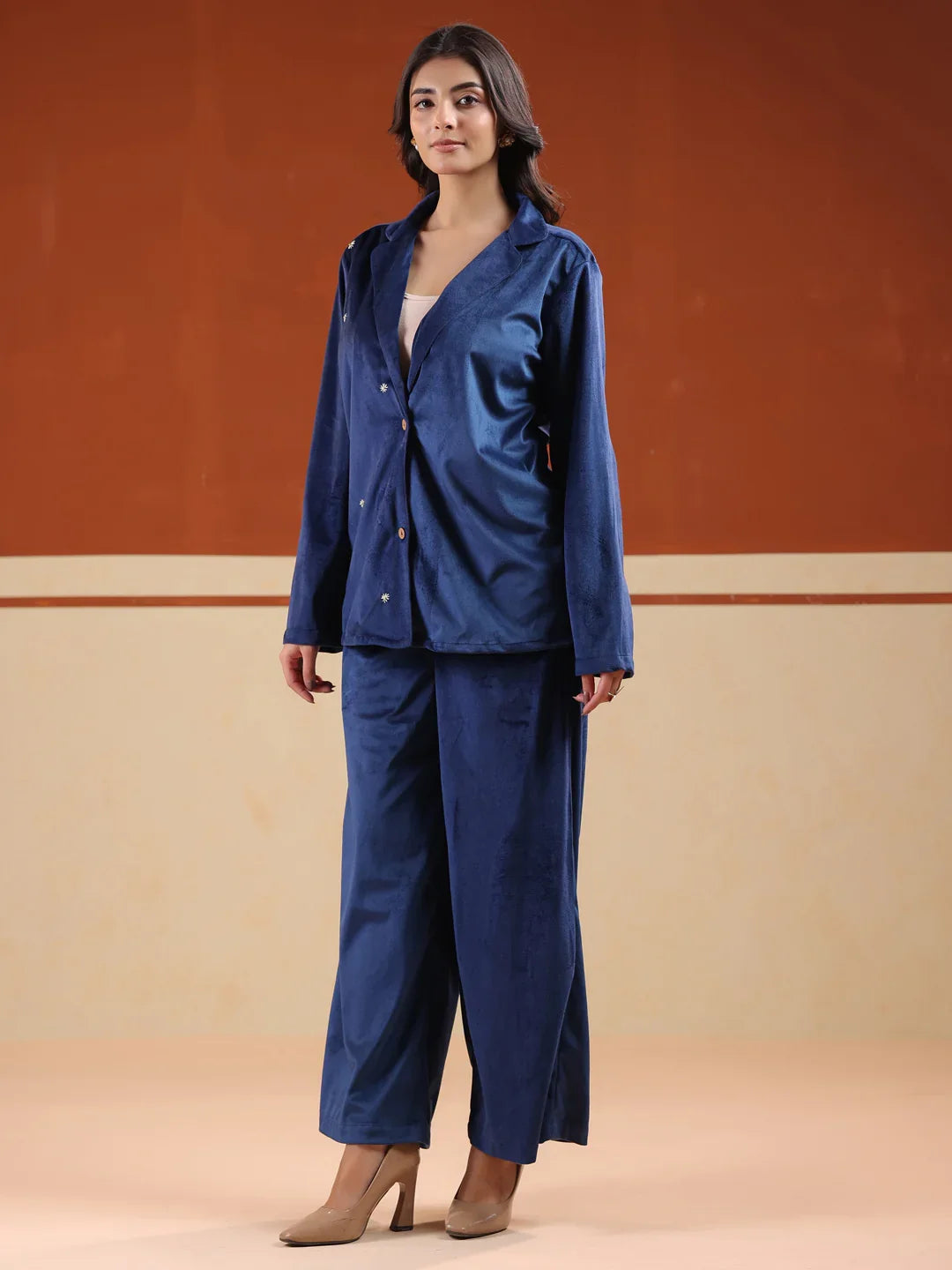 Blue Solid Velvet Shirt Collar Co-ord Set for Women - SanskrutiHomes 