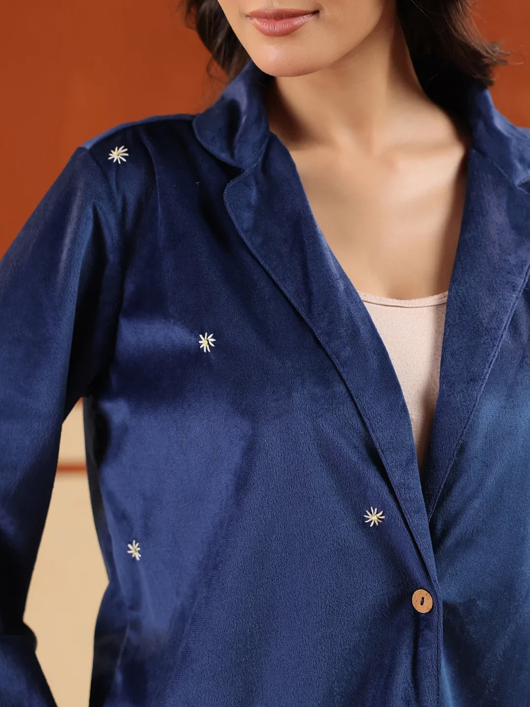 Blue Solid Velvet Shirt Collar Co-ord Set for Women - SanskrutiHomes 