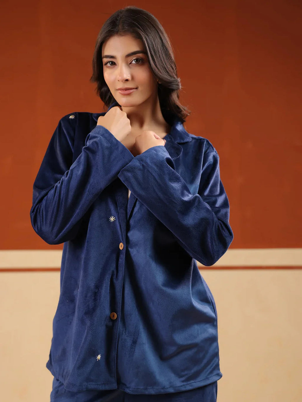 Blue Solid Velvet Shirt Collar Co-ord Set for Women - SanskrutiHomes 