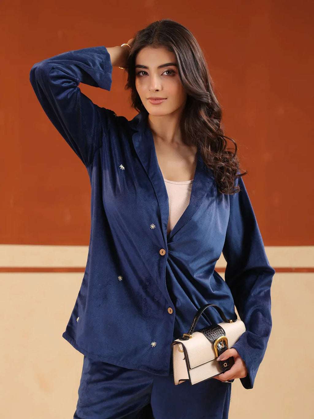 Blue Solid Velvet Shirt Collar Co-ord Set for Women - SanskrutiHomes 