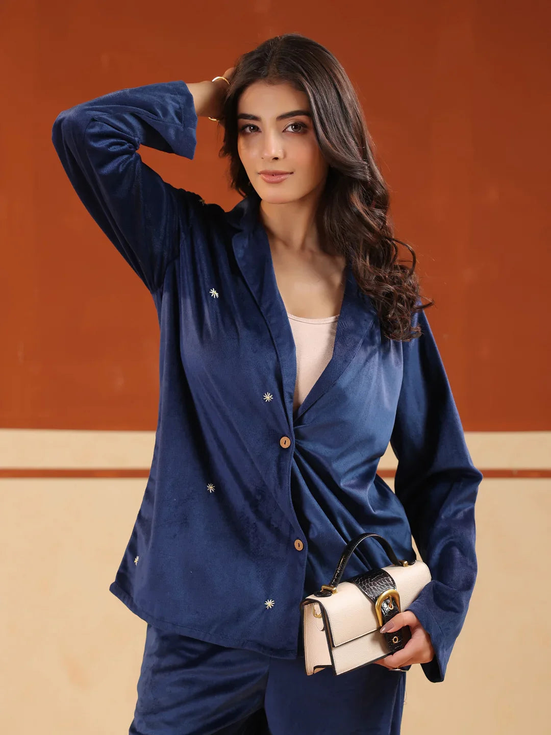 Blue Solid Velvet Shirt Collar Co-ord Set for Women - SanskrutiHomes 