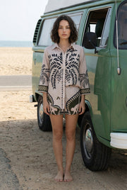 Beige Printed Shirt Collar Co-Ord Set For Women