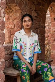 White Printed Shirt Collar Co-Ord Set For Women