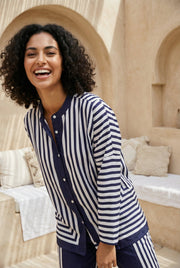 Navy Blue Striped Print Mandarin Collar Co-Ord Set For Women