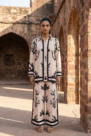 Beige Shirt Collar Printed Co-Ord Set For Women
